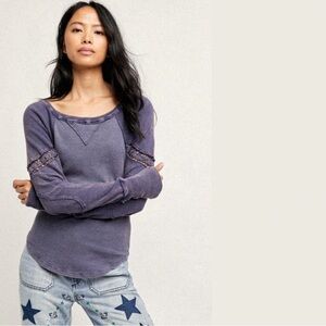 We the Free Luella indigo thermal shirt with crochet
